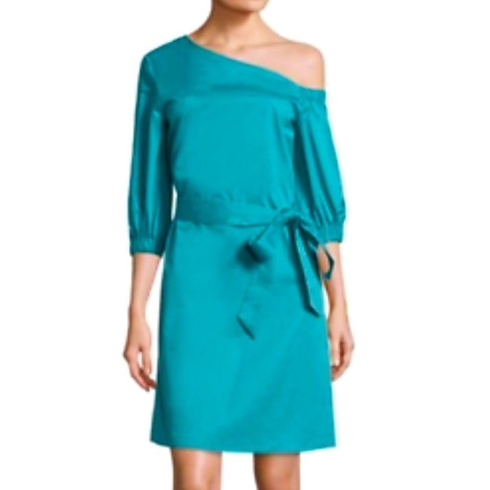 TIBI Cotton asymmetrical teal puff sleeve dress